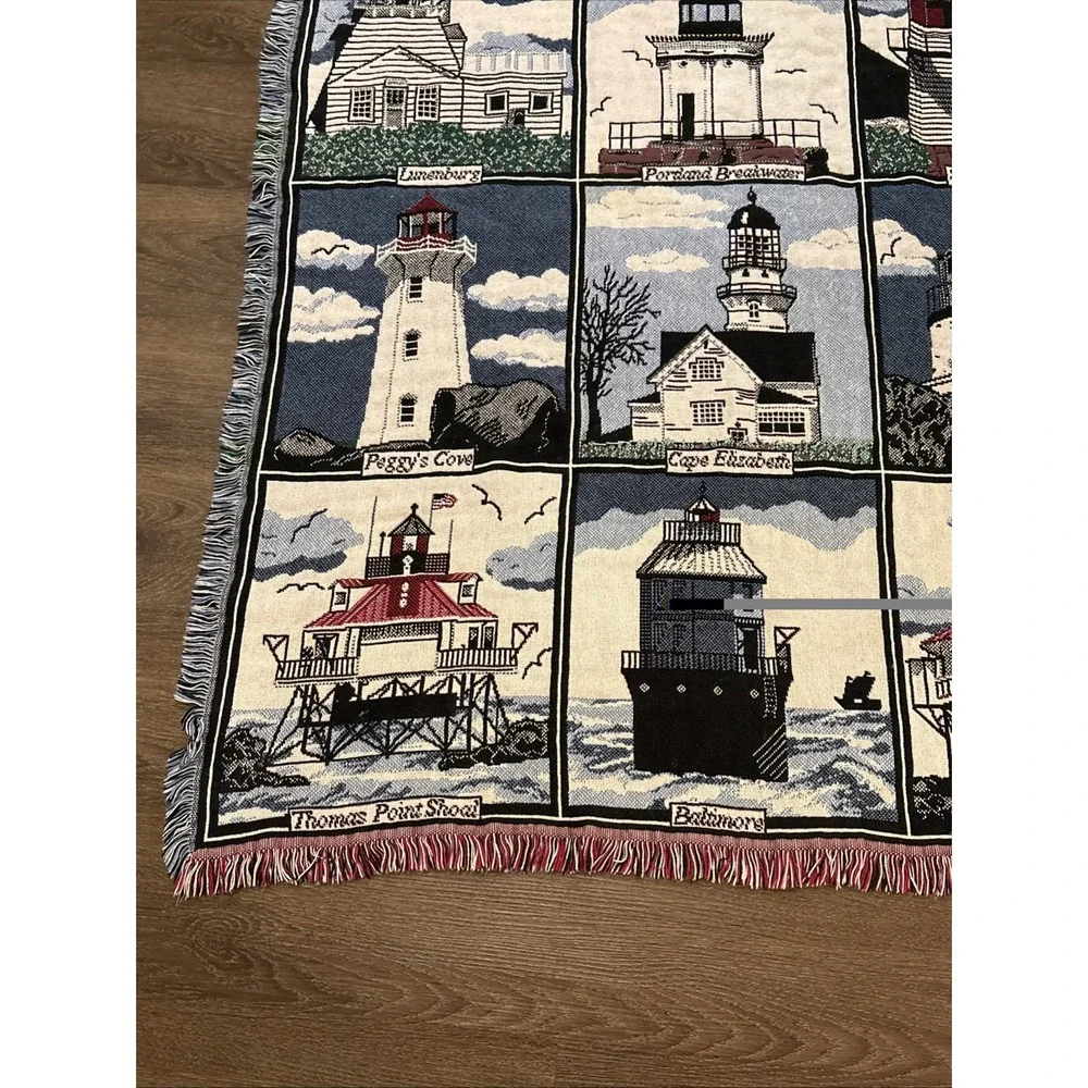 VTG Goodwin Weavers HISTORICAL Lighthouse Tapestry Throw Blanket USA 62 X  42